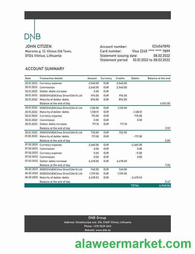 Lithuania DNB bank statement